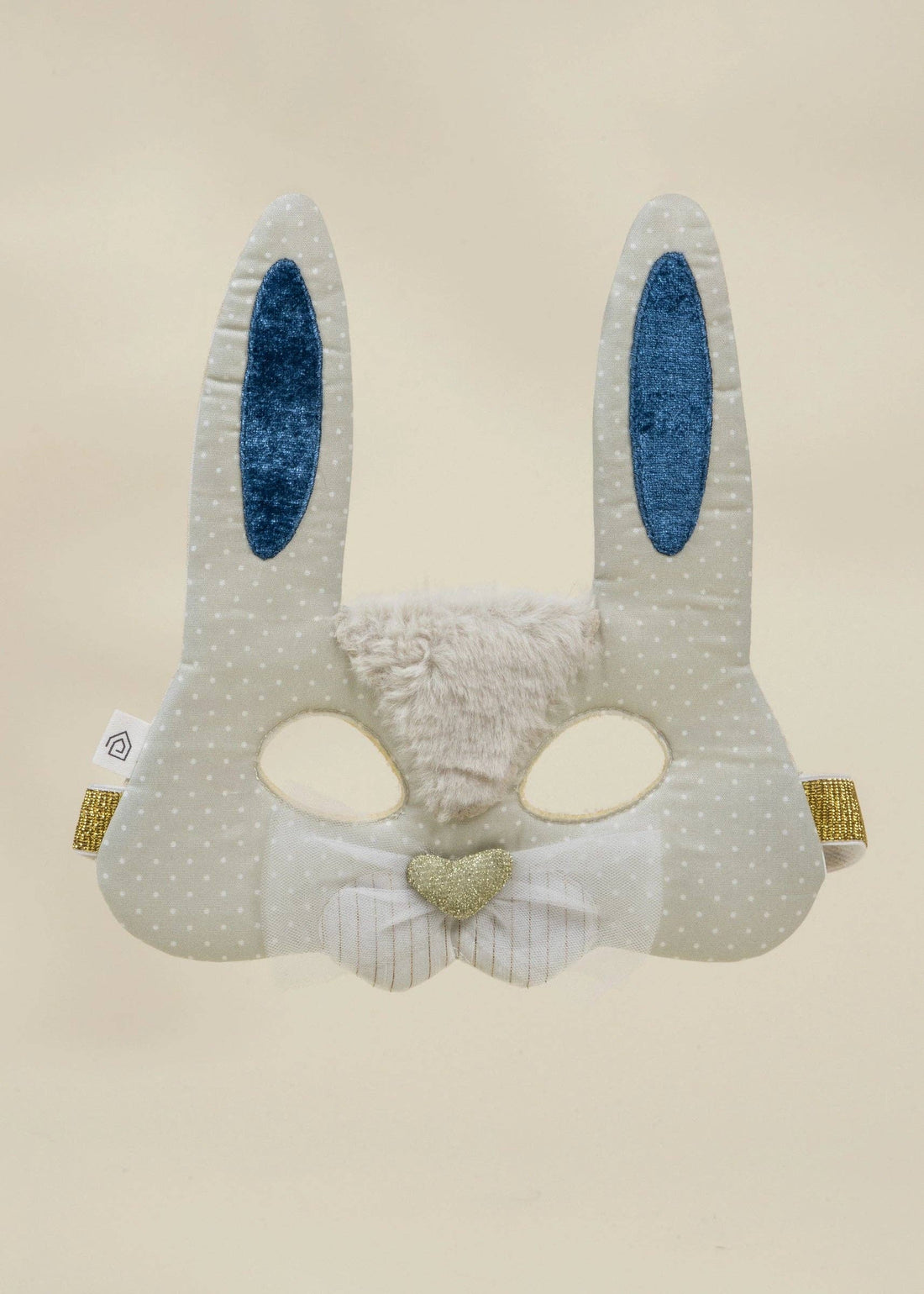 Fantastic Bunny Mask play mask, detailed front display. Grey polka dot fabric, blue velvet ears, fluffy forehead