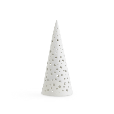 
                    
                      Nobili Cone tealight candle holder, white bone china ceramic with intricate perforated design, front view on white.
                    
                  
