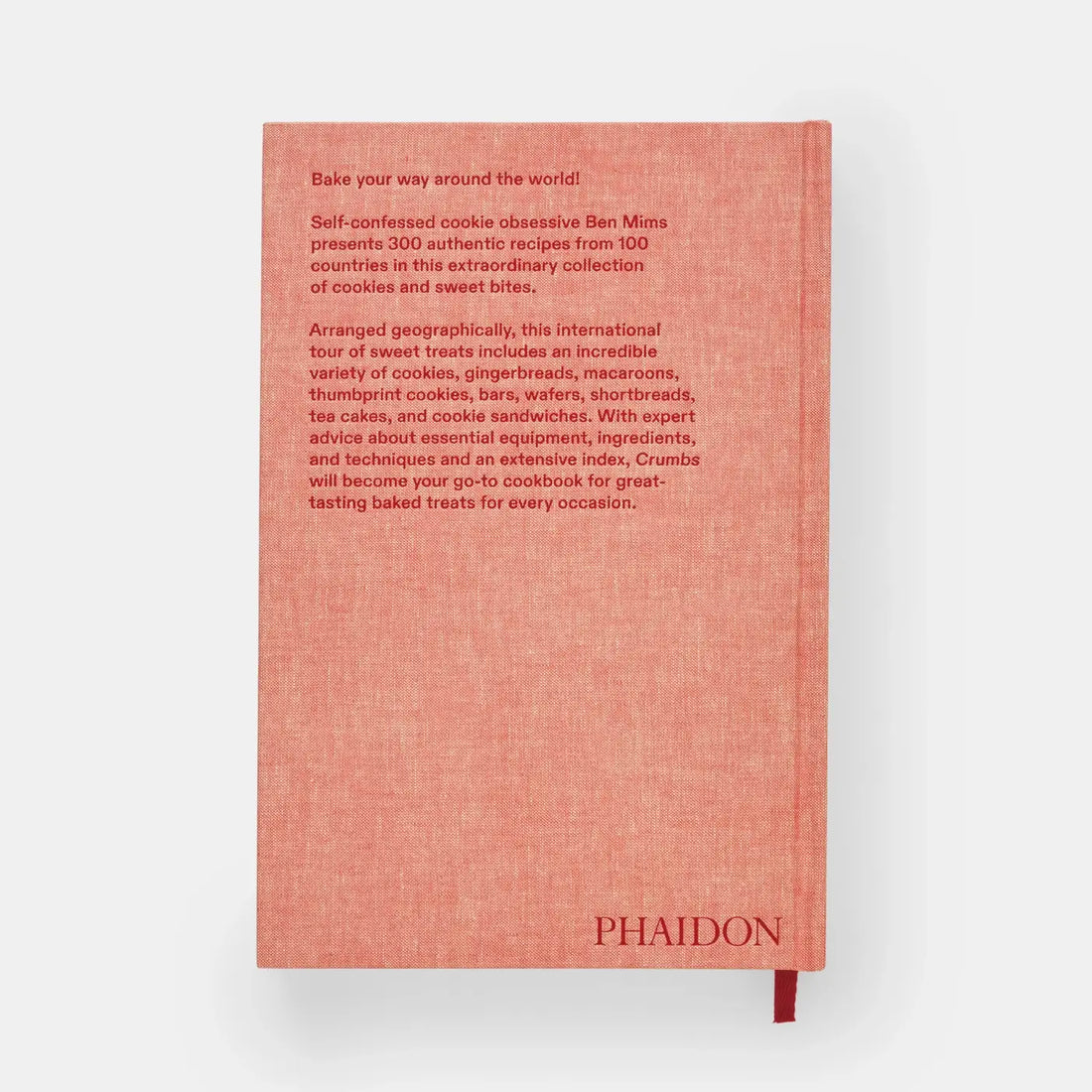 Crumbs cookbook, textured coral back cover featuring product description text and red Phaidon logo.