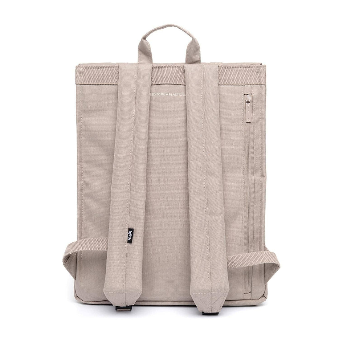 Handy Ash backpack, back view, showing shoulder straps with Lefrik tag, top handle, and vertical zippered pocket.