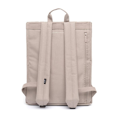 
                    
                      Handy Ash backpack, back view, showing shoulder straps with Lefrik tag, top handle, and vertical zippered pocket.
                    
                  