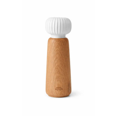 
                    
                      Hammershøi spice grinder, oiled oak base with white ridged porcelain top, engraved logo, upright front view.
                    
                  