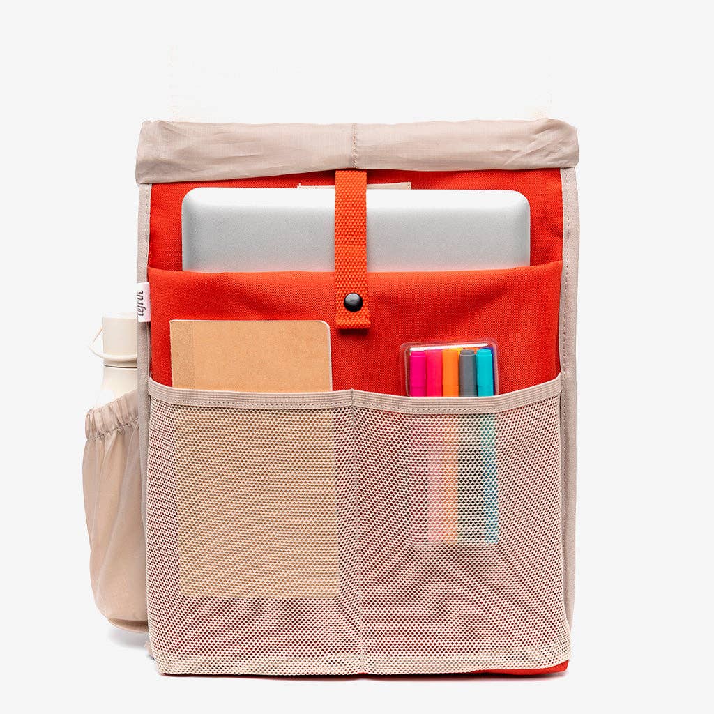 Lefrik Kaut backpack, Cherry Block, internal view showing laptop, notebook, and markers in orange fabric & beige mesh…