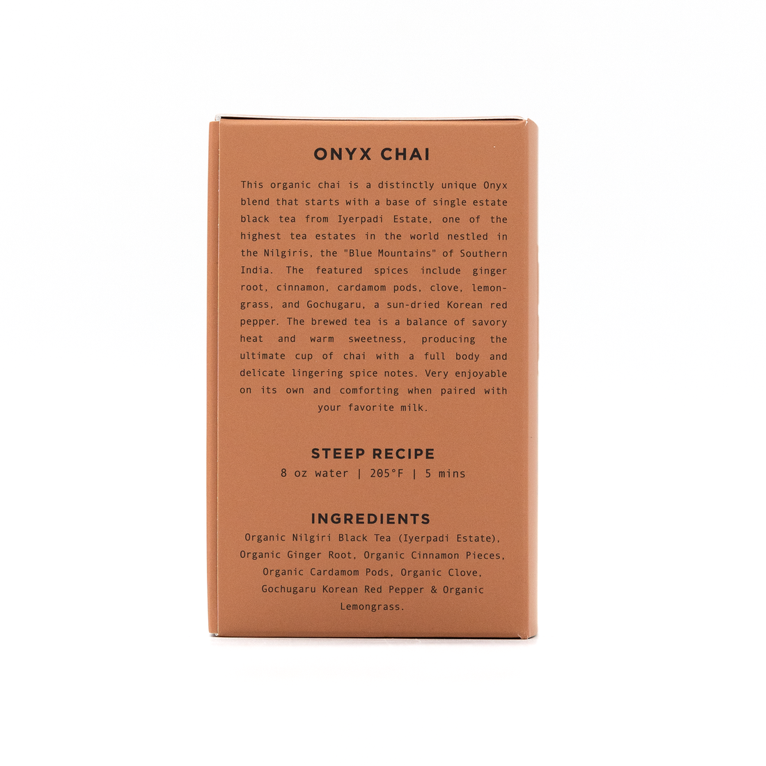 Gochujang Chai tea box, brown cardboard, white detailed text on side panel featuring steep recipe and ingredients.