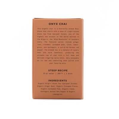 
                    
                      Gochujang Chai tea box, brown cardboard, white detailed text on side panel featuring steep recipe and ingredients.
                    
                  
