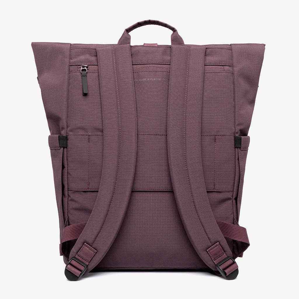 Lars Roll Backpack, wine RIPSTOP RPET fabric, back view showing padded straps, top handle, and 'EN TO BE A PLASTIC BO' text.