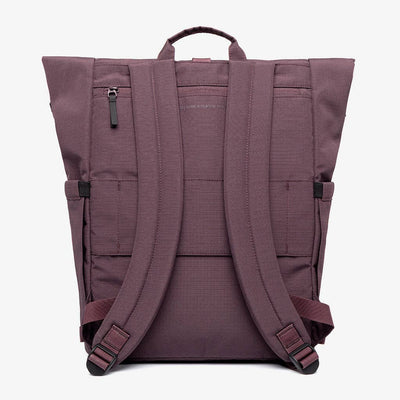 
                    
                      Lars Roll Backpack, wine RIPSTOP RPET fabric, back view showing padded straps, top handle, and 'EN TO BE A PLASTIC BO' text.
                    
                  