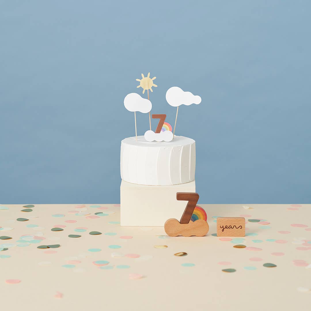 Oioiooi Numbers Play Block Set: close-up of solid beech and walnut wood '7' block with rainbow, and 'years' block on…