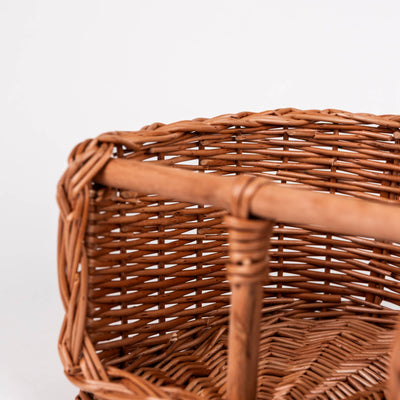 
                    
                      Wicker Bike Seat for Dolls, natural woven wicker, close-up detail of the intricate basket weave texture.
                    
                  