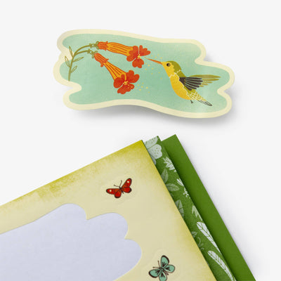 
                    
                      Garden Sticker Set: Close-up of hummingbird and red flower sticker. Yellow book cover, butterfly stickers, green patterned…
                    
                  