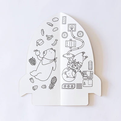 
                    
                      Jumbo Rocket Paper coloring book, open two-page spread: black line art of a bear with fruit & vegetables, and a fox piloting…
                    
                  