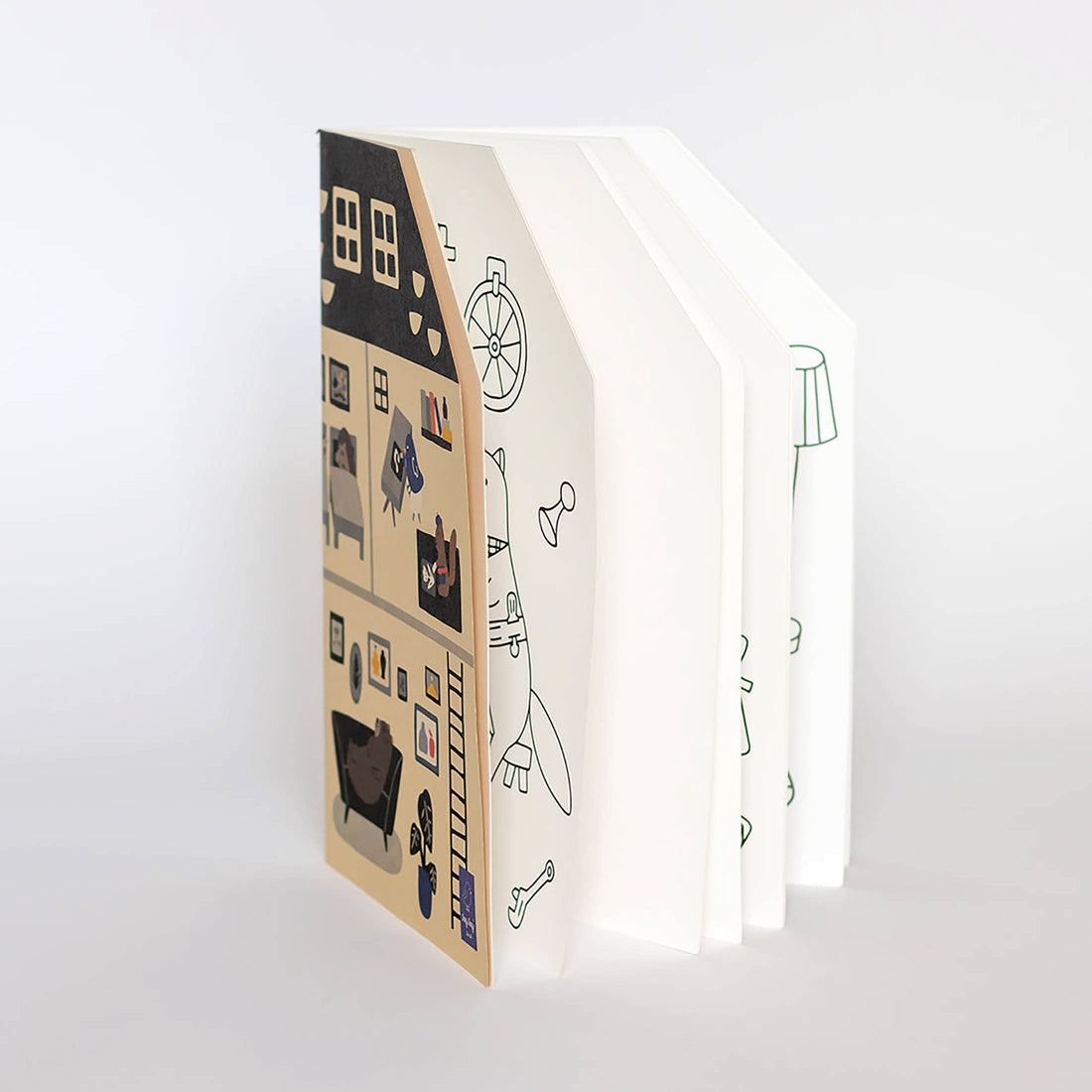 Jumbo House coloring book, open at an angle, showing illustrated house cover and white pages with line-art drawings.