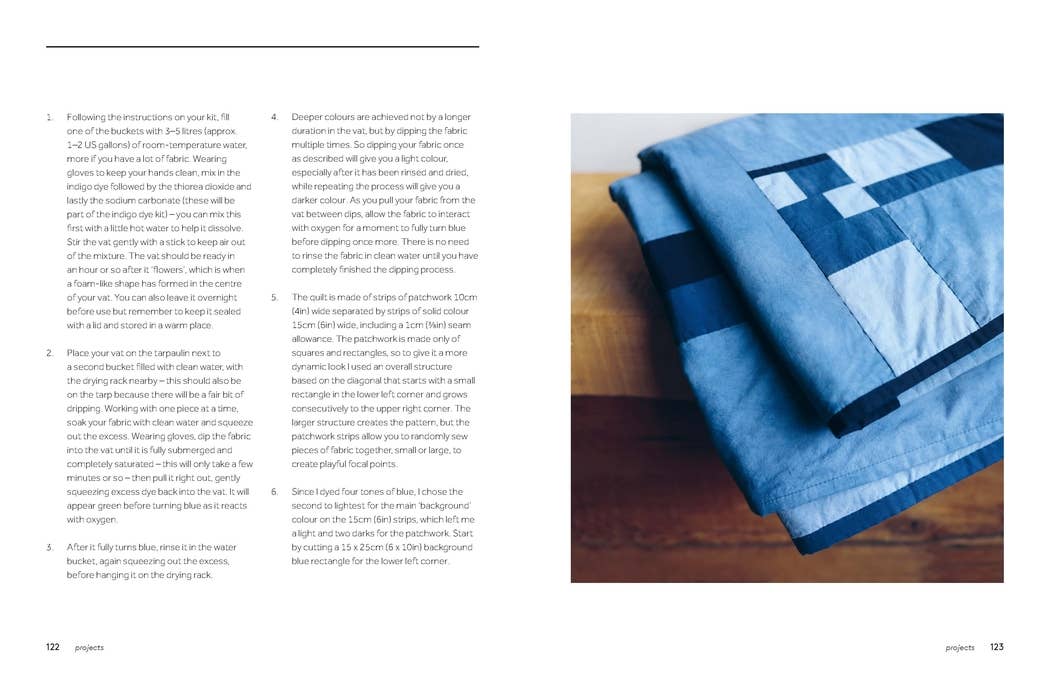 Visible Mending book internal page with mending instructions and a close-up of blue and white quilted patchwork fabric.