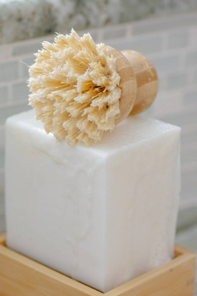 
                    
                      No Tox Life Dish Block solid soap, white, with a wet natural fiber dish brush resting on top, close-up in wooden tray.
                    
                  