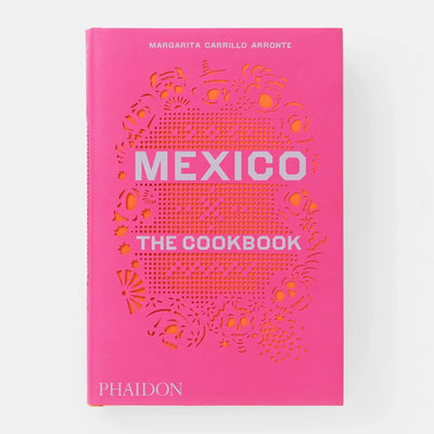 
                    
                      Phaidon Mexico: The Cookbook, bright pink hardback with intricate orange papel picado cut-out pattern, front view on white.
                    
                  