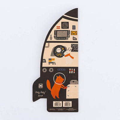 
                    
                      Jaq Jaq Bird Jumbo Rocket coloring book, folded back view with illustrated space cockpit and animal pilots, black & beige,…
                    
                  