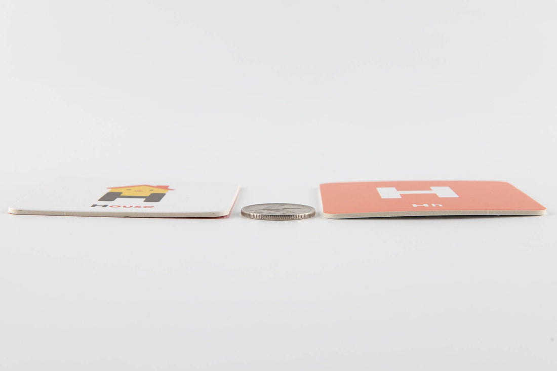 Magnetic Alphabet Play Set cards, side profile view, 'House' and 'H' designs, showing recycled cardboard thickness with a…