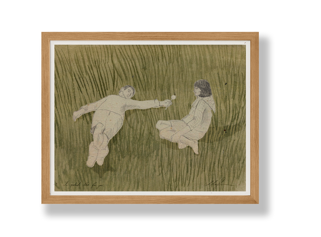 Cocoshalom I Picked This For You art print, sketched figures on flecked paper, green background, natural wood frame. Front…