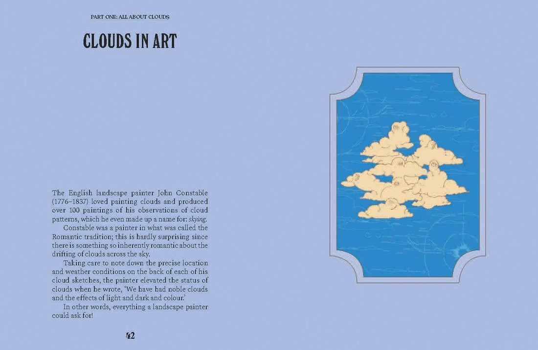 Clouds nature guide book, open page 42 with 'Clouds in Art' text and framed illustration of yellow clouds on a blue sky.