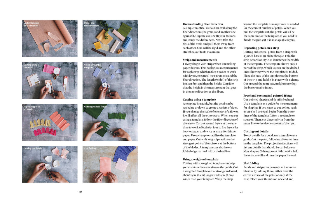 Paper Flower Magic book spread. Hands demonstrating various techniques: cutting petals, folding paper strips, and using…