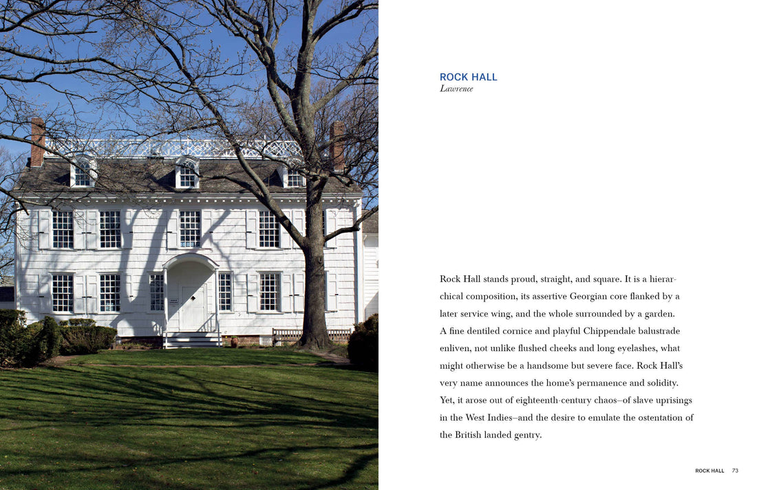 Schiffer Publishing Americana book, interior page showing Rock Hall, a white Georgian manor house on Long Island with bare…