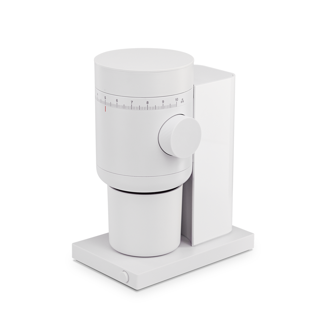 Opus 2 conical burr grinder, white. Angled view highlighting grind settings 4-10 and base power button.