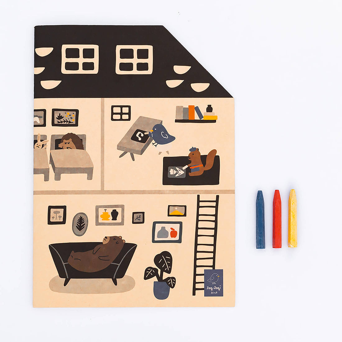 Jaq Jaq Bird Jumbo House Paper Coloring Book, black roof and tan walls with cartoon animal illustrations, flat lay with…