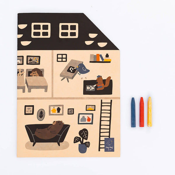 Jaq Jaq Bird Jumbo House Paper Coloring Book, black roof and tan walls with cartoon animal illustrations, flat lay with…