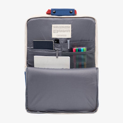 
                    
                      Daily 15" Bauhaus Block backpack, open interior view with grey Oxford RPET fabric, padded laptop sleeve, mesh pocket,…
                    
                  