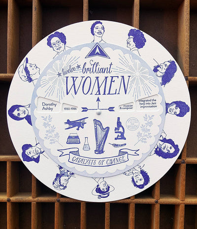
                    
                      Brilliant Women spinner, white cotton paper, blue illustrations of historical women & accomplishments, angled close-up with…
                    
                  