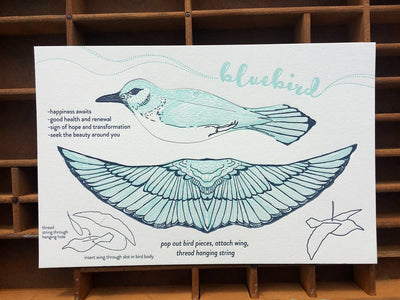 
                    
                      Bluebird Pop-Out Die-Cut Card kit, cyan blue bird design on white cotton paper, detail view of pop-out pieces and assembly…
                    
                  