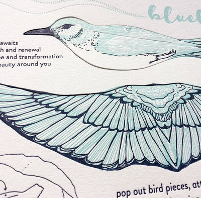 
                    
                      Bluebird Pop-Out Die-Cut Card, intricate die-cut bluebird wing and body details, instruction text, on cotton paper.
                    
                  
