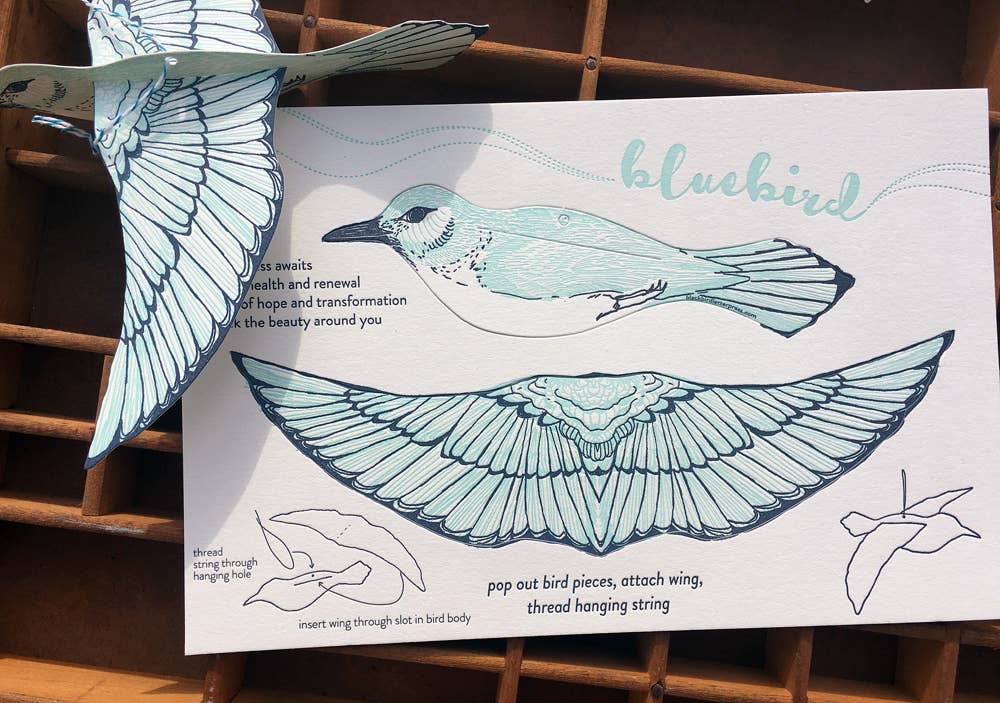 Bluebird Pop-Out Die-Cut Card 3D build kit on cotton paper, showing light blue bird elements, assembly instructions, and…