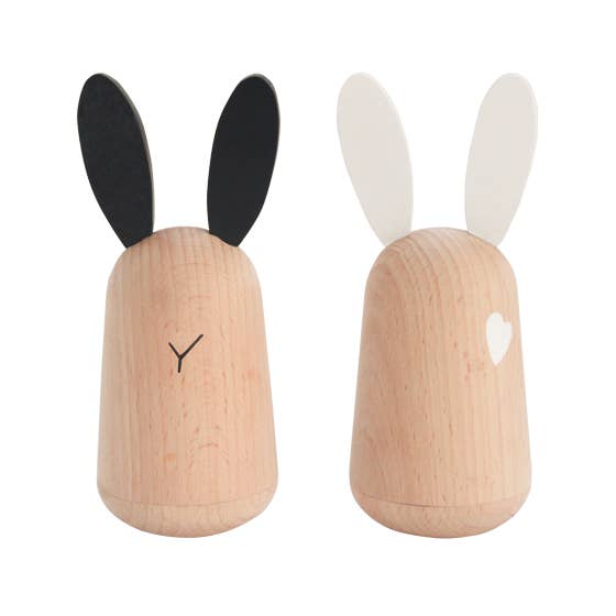 kiko+ & gg* Usagi Bunny baby soothers. Beechwood pair with black ears & 'Y' face, and white ears & heart detail. Front view.