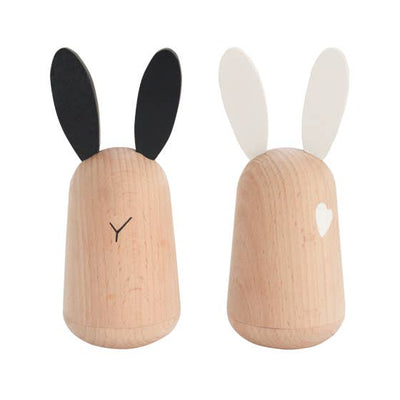 
                    
                      kiko+ & gg* Usagi Bunny baby soothers. Beechwood pair with black ears & 'Y' face, and white ears & heart detail. Front view.
                    
                  