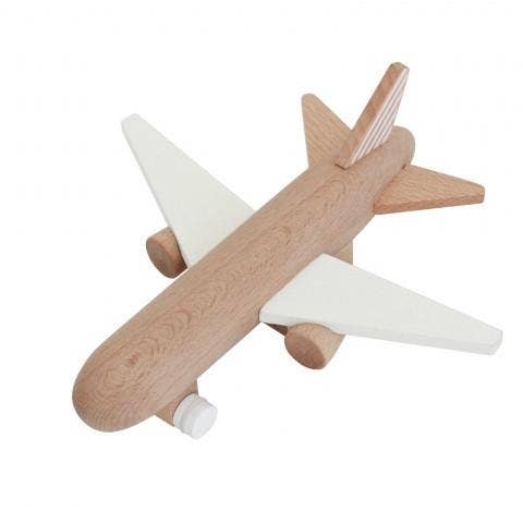 kiko+ & gg* Hikoki wooden friction plane toy, natural beechwood body with white wings, angled overhead view on white