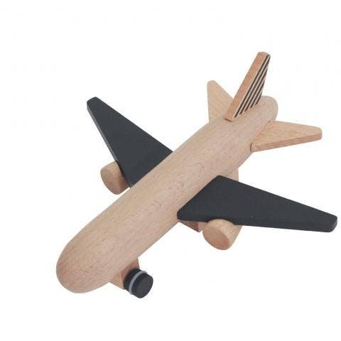 Hikoki wooden friction plane toy, natural beechwood body, black wings, striped tail, dynamic top-down view