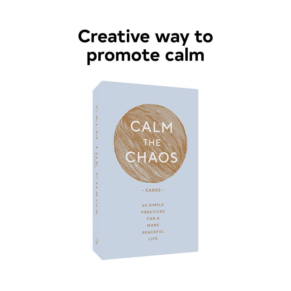 Calm The Chaos Cards mindfulness card deck, light blue box with copper circle design, angled front and side view.