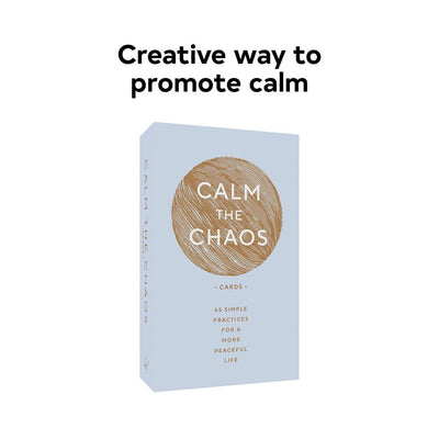 
                    
                      Calm The Chaos Cards mindfulness card deck, light blue box with copper circle design, angled front and side view.
                    
                  