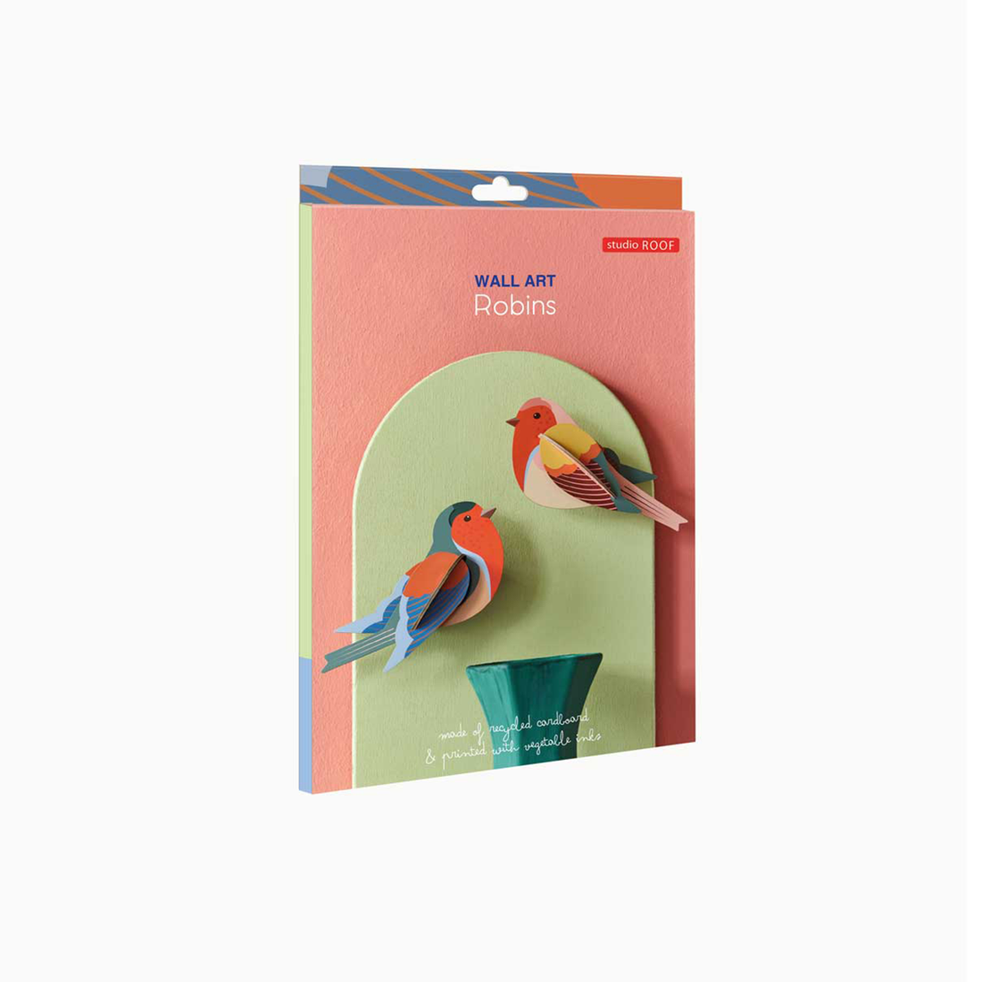 3D Robins build kit in packaging, showing colorful birds made from recycled cardboard and vegetable inks, angled view.