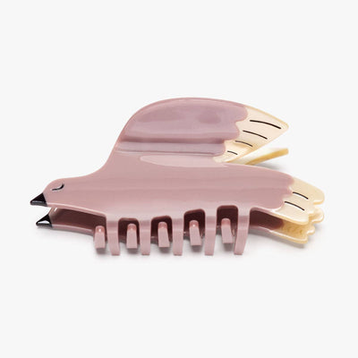 
                    
                      White Wing Dove Hair Claw, pale pink eco-friendly cellulose acetate with creamy wings and black accents, side profile on…
                    
                  
