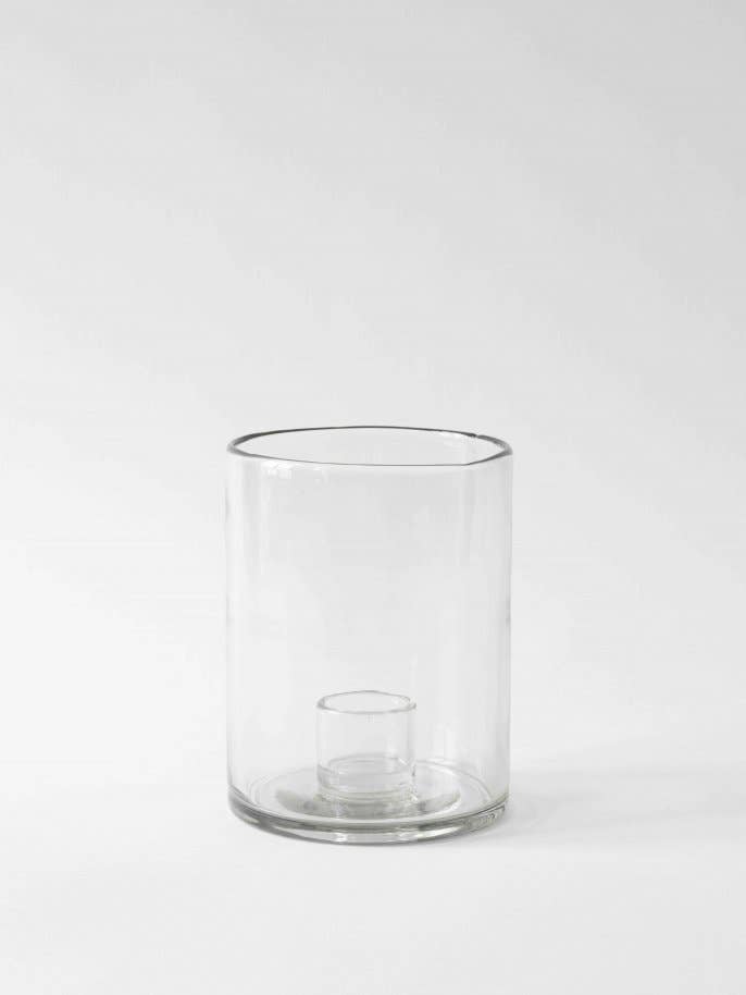 Tell Me More Luna candle holder, clear recycled glass, featuring an inner candle cup, front view on white.