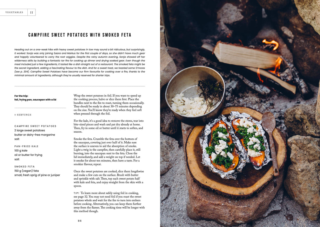 Cozy Publishing Food Over the Campfire print book, open to page with Campfire Sweet Potatoes recipe and photo of roasted…