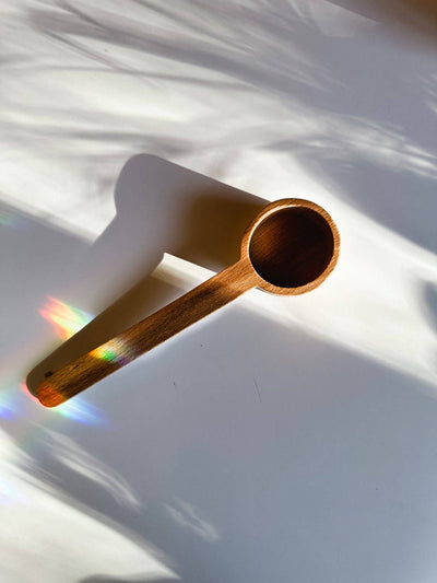 
                    
                      Wooden Tea Scoop with rich dark brown wood grain, diagonal top-down view with dappled light and rainbow prisms.
                    
                  