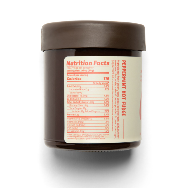 Peppermint Hot Fudge sauce, 10 fl oz dark jar, back view showing the Nutrition Facts label and ingredients.