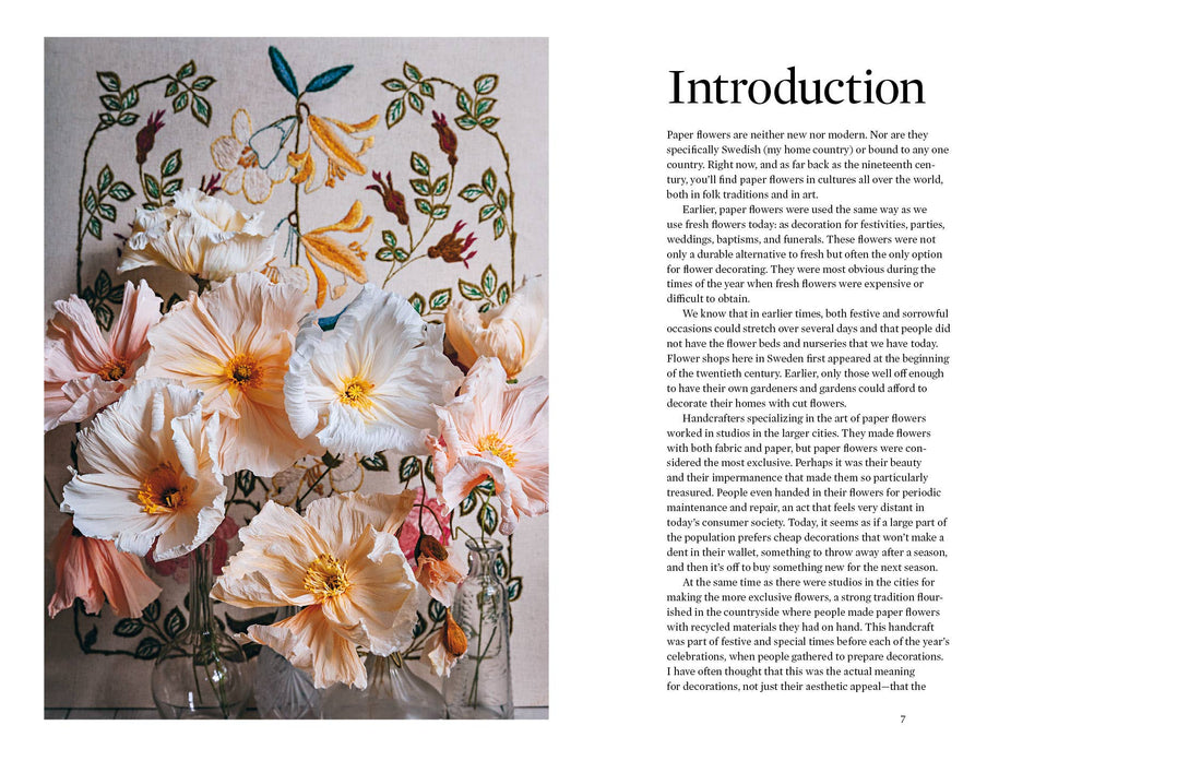 Paper Flower Magic book, interior spread: Introduction page with light pink, cream paper flowers in vase, embroidered fabric…