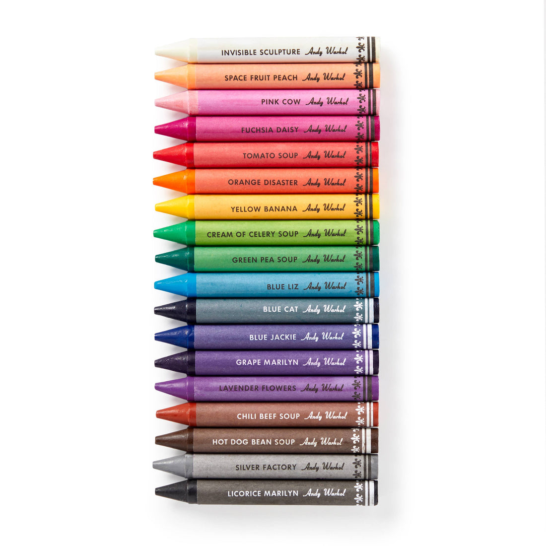 Andy Warhol Soup Can Crayons, full set of 20 diverse color art crayons with unique names and star patterns, flat lay view.