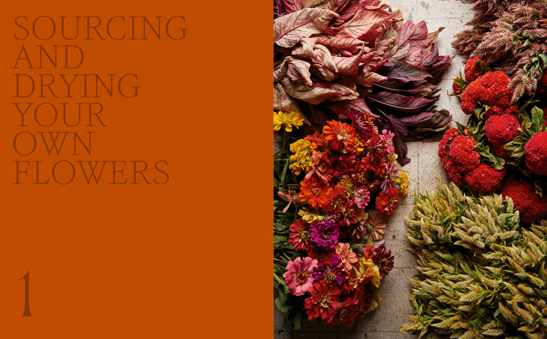 Designing with Dried Flowers book interior: 'Sourcing and Drying' text on orange, next to a flat lay of colorful flowers.