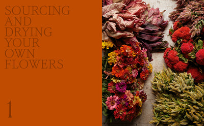 
                    
                      Designing with Dried Flowers book interior: 'Sourcing and Drying' text on orange, next to a flat lay of colorful flowers.
                    
                  