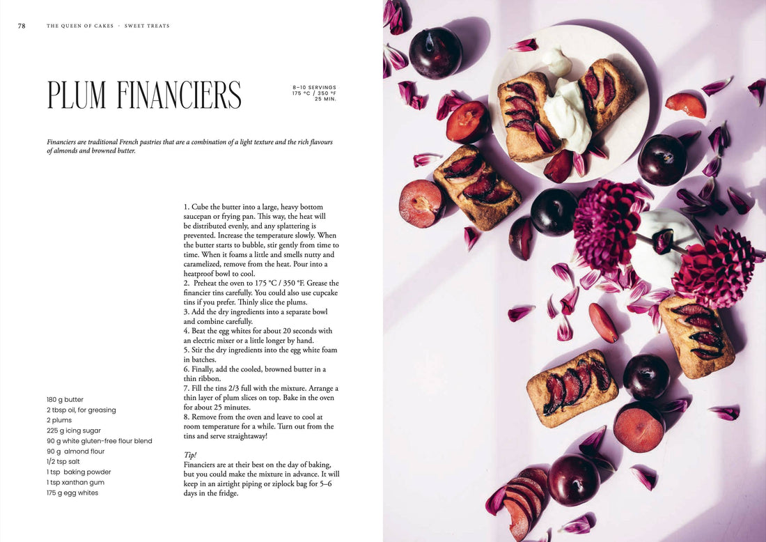 Gluten-free Baking and Artistry book, 'Plum Financiers' recipe page with financiers, whipped cream, fresh plums, and purple…